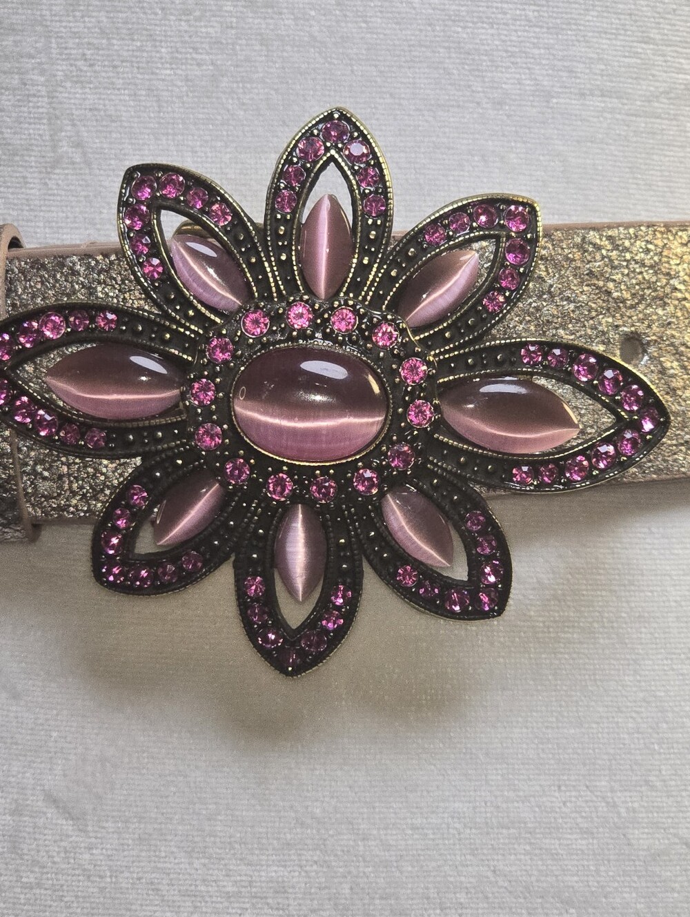 Vintage Leatherock Oversized Pink Rhinestone Flower Metallic Belt S - Picture 7 of 16